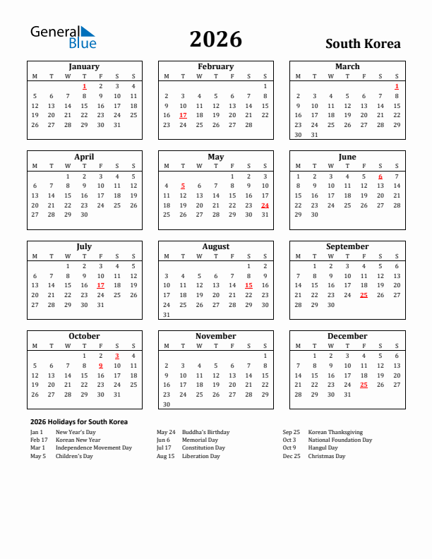2026 South Korea Holiday Calendar - Monday Start