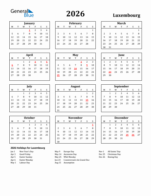2026 Luxembourg Holiday Calendar - Monday Start