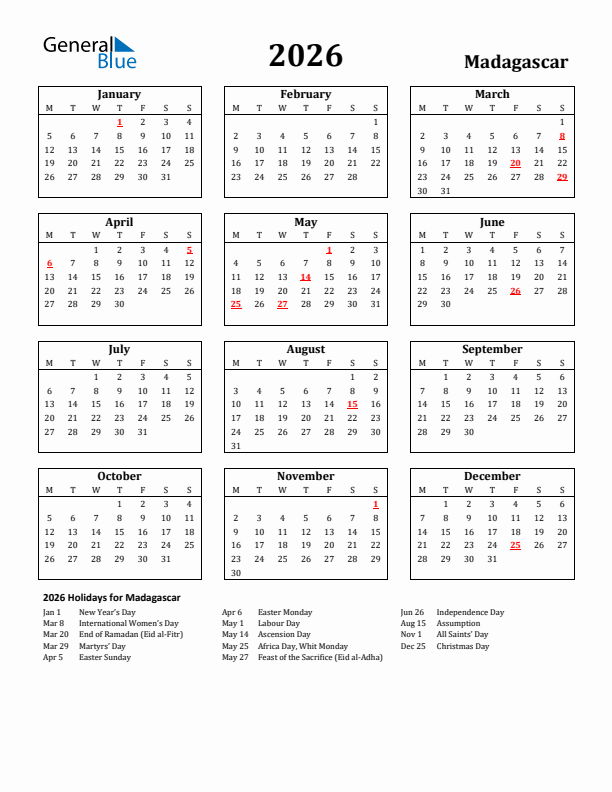 2026 Madagascar Holiday Calendar - Monday Start