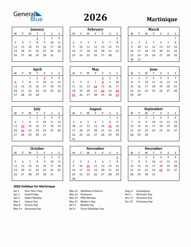 2026 Martinique Holiday Calendar - Monday Start
