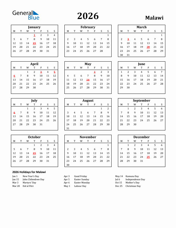 2026 Malawi Holiday Calendar - Monday Start