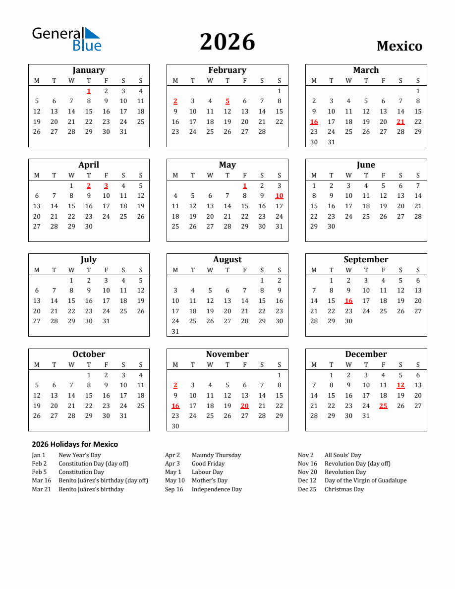 Free Printable 2026 Mexico Holiday Calendar