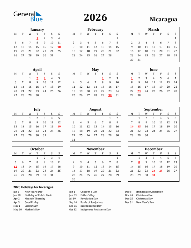 2026 Nicaragua Holiday Calendar - Monday Start