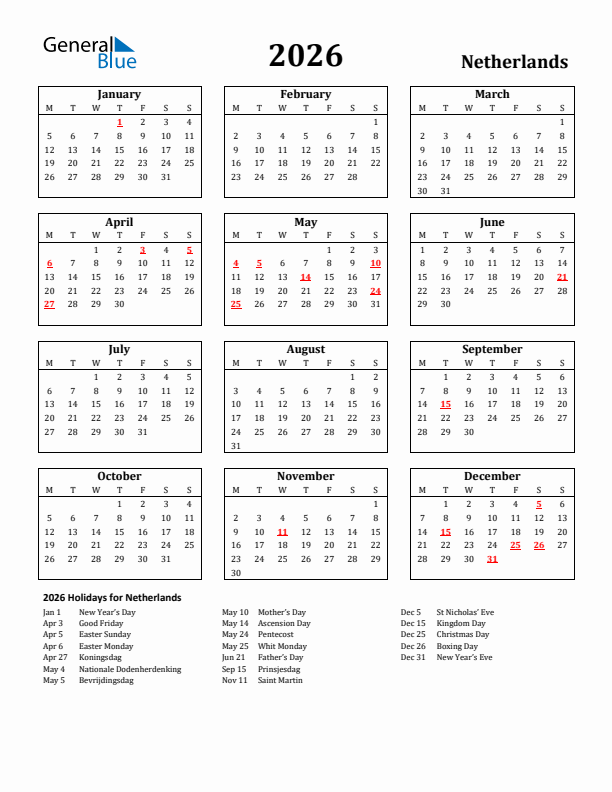 2026 The Netherlands Holiday Calendar - Monday Start