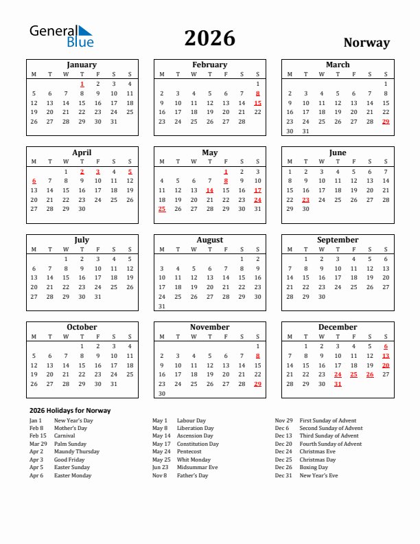 2026 Norway Holiday Calendar - Monday Start