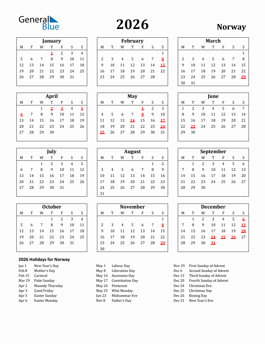 Free Printable 2026 Norway Holiday Calendar