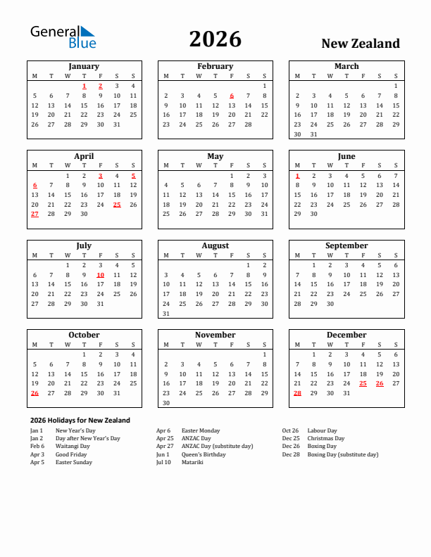 2026 New Zealand Holiday Calendar - Monday Start
