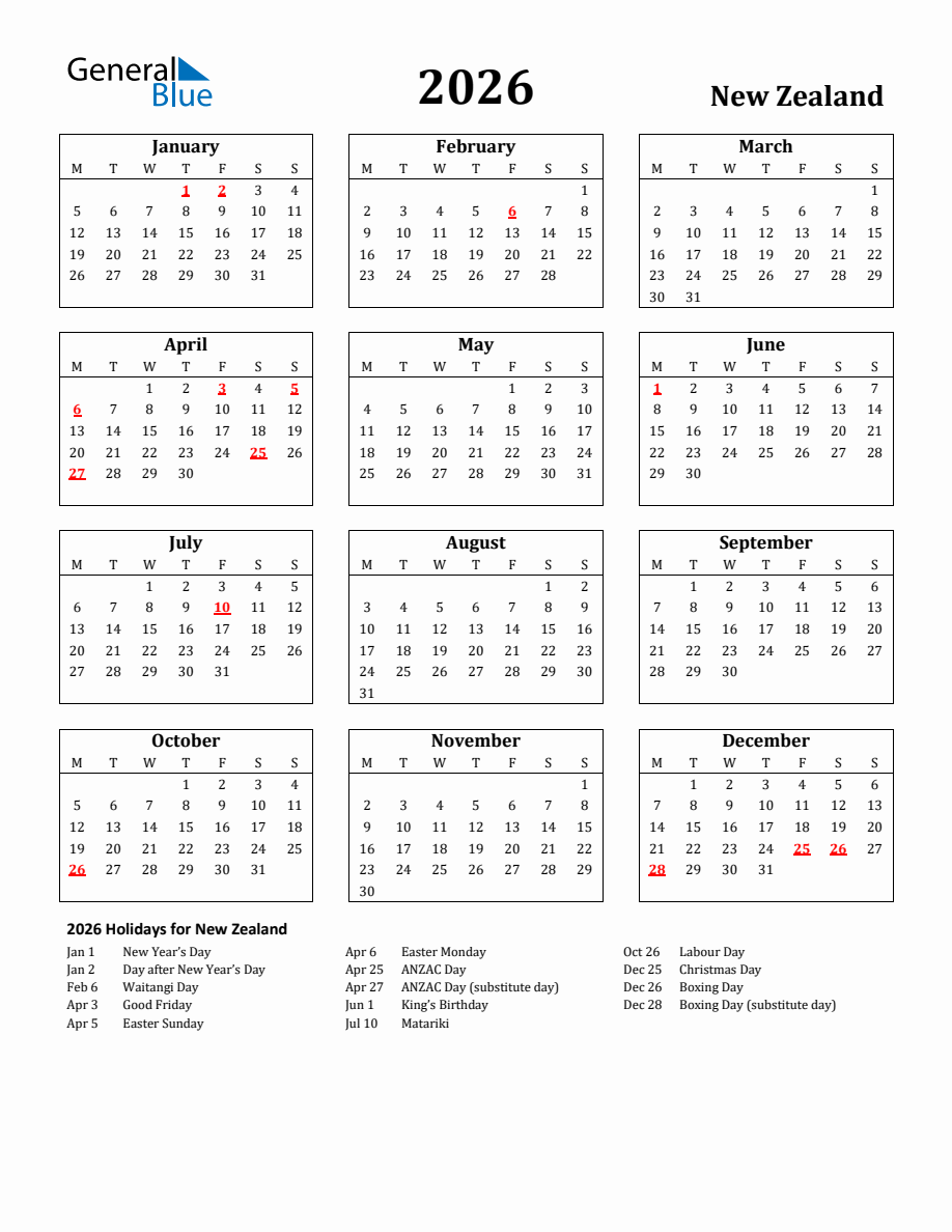 Nz Calendar 2026 