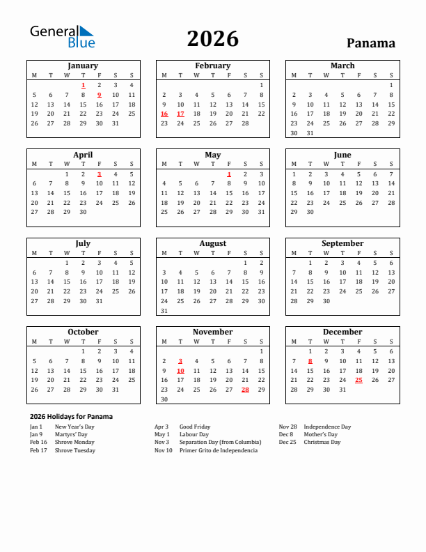 2026 Panama Holiday Calendar - Monday Start