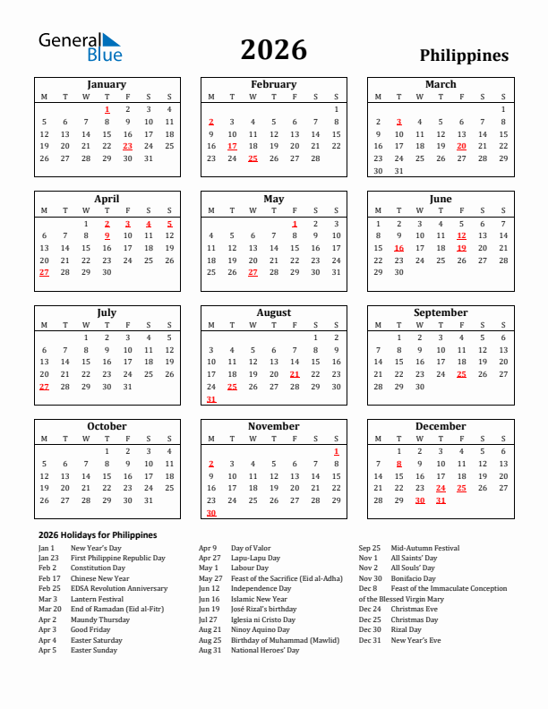 2026 Philippines Holiday Calendar - Monday Start