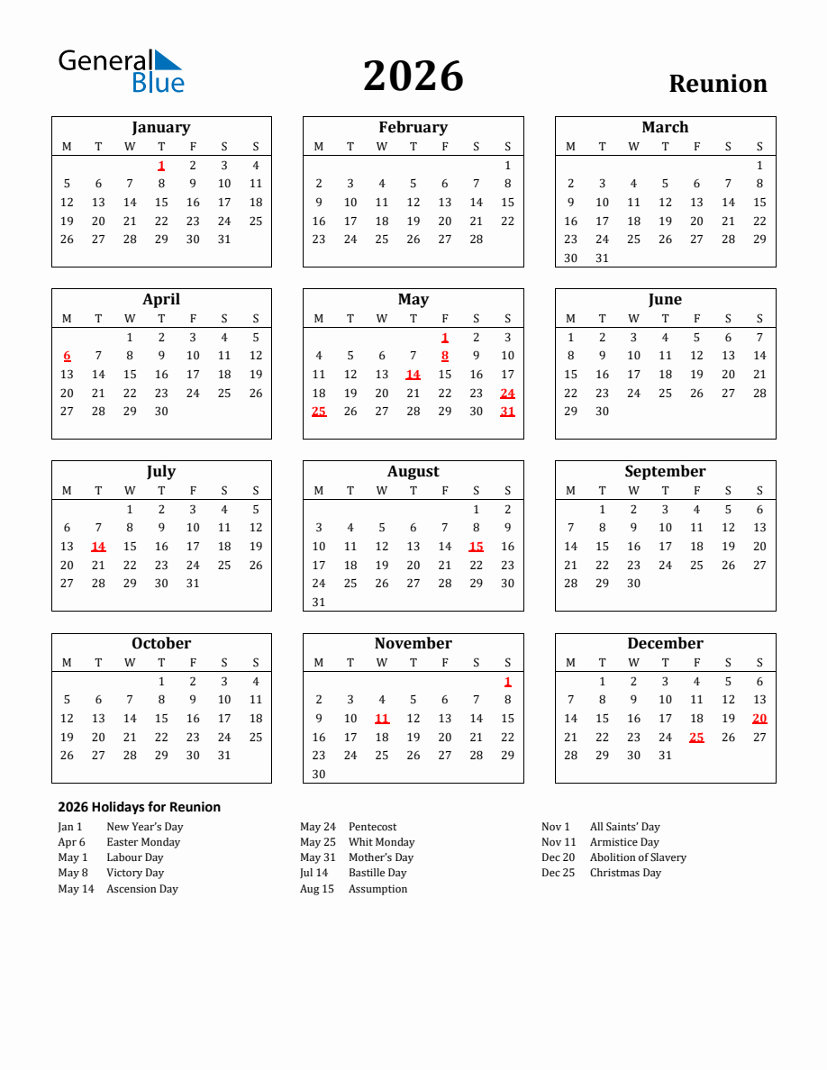 Free Printable 2026 Reunion Holiday Calendar