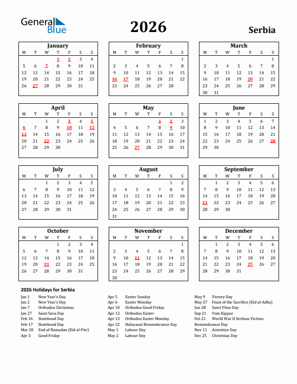 2026 Serbia Holiday Calendar - Monday Start