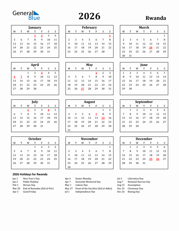 2026 Rwanda Holiday Calendar - Monday Start