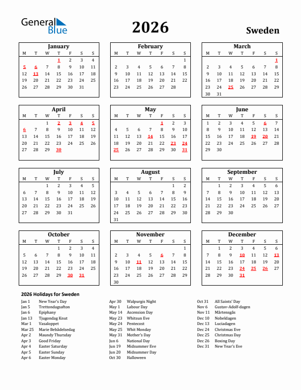 2026 Sweden Holiday Calendar - Monday Start