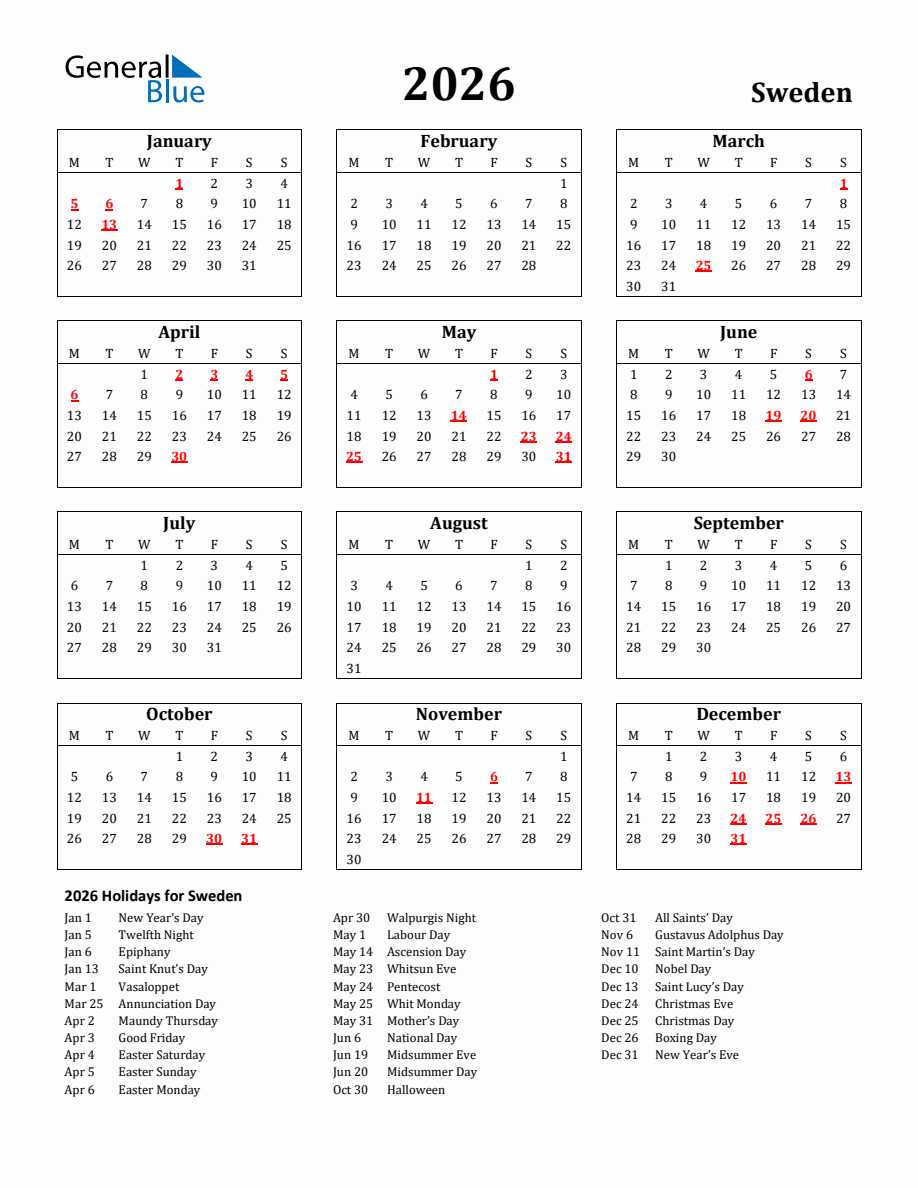 Free Printable 2026 Sweden Holiday Calendar