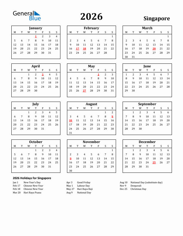 2026 Singapore Holiday Calendar - Monday Start