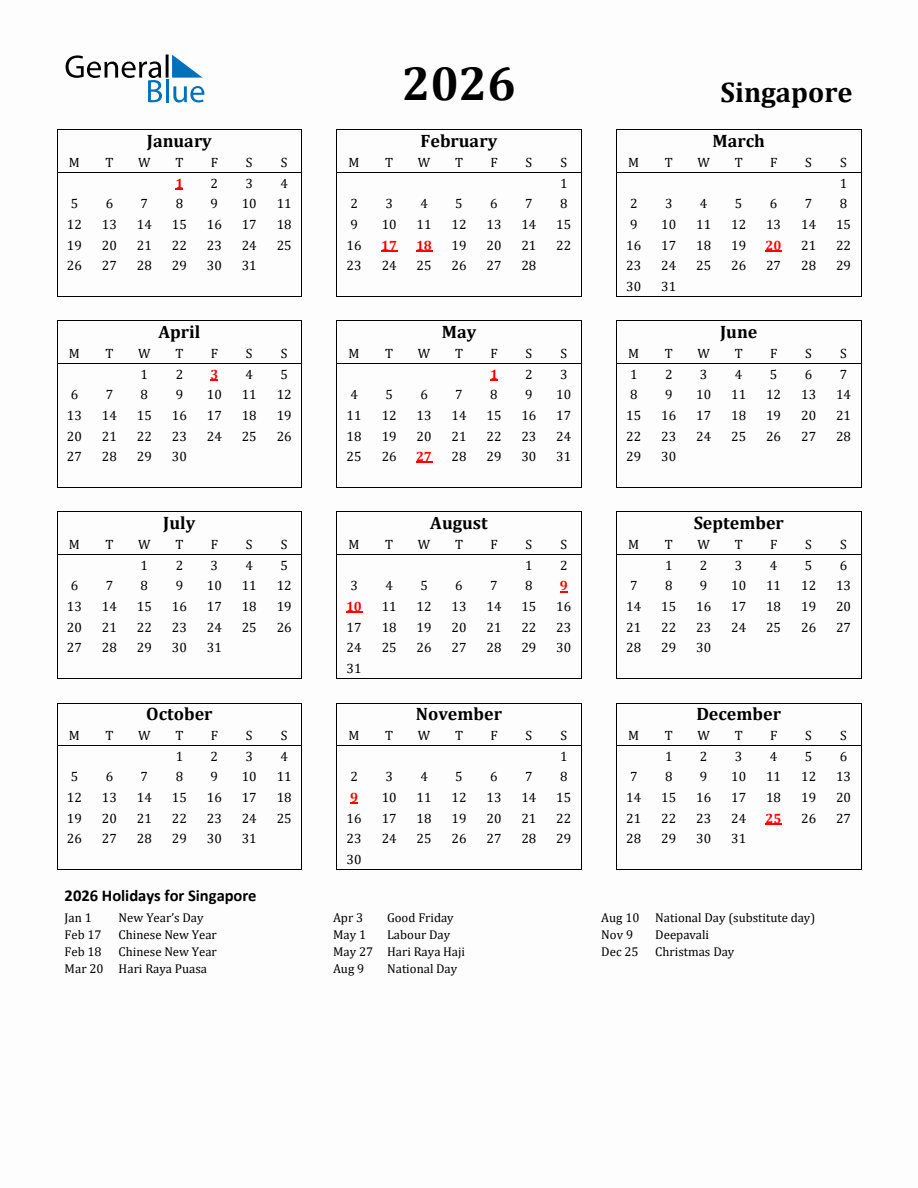 Free Printable 2026 Singapore Holiday Calendar