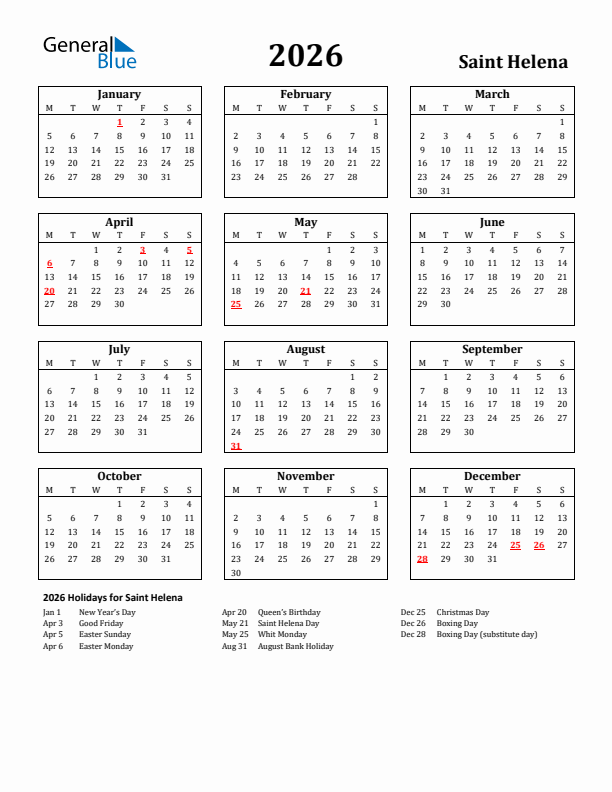 2026 Saint Helena Holiday Calendar - Monday Start