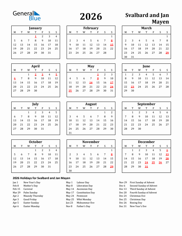 2026 Svalbard and Jan Mayen Holiday Calendar - Monday Start