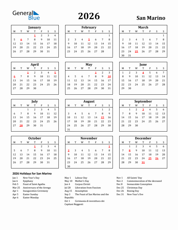 2026 San Marino Holiday Calendar - Monday Start