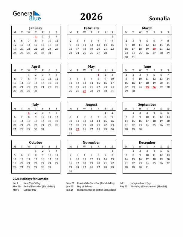 2026 Somalia Holiday Calendar - Monday Start