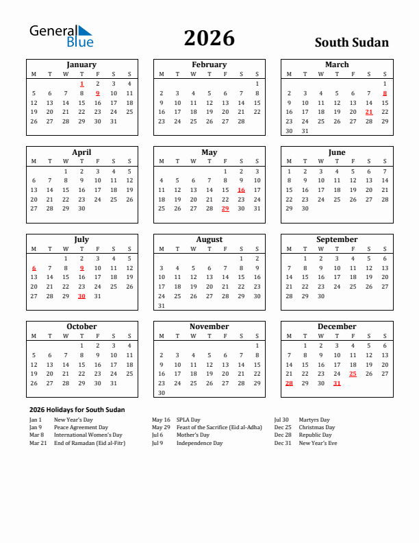 2026 South Sudan Holiday Calendar - Monday Start
