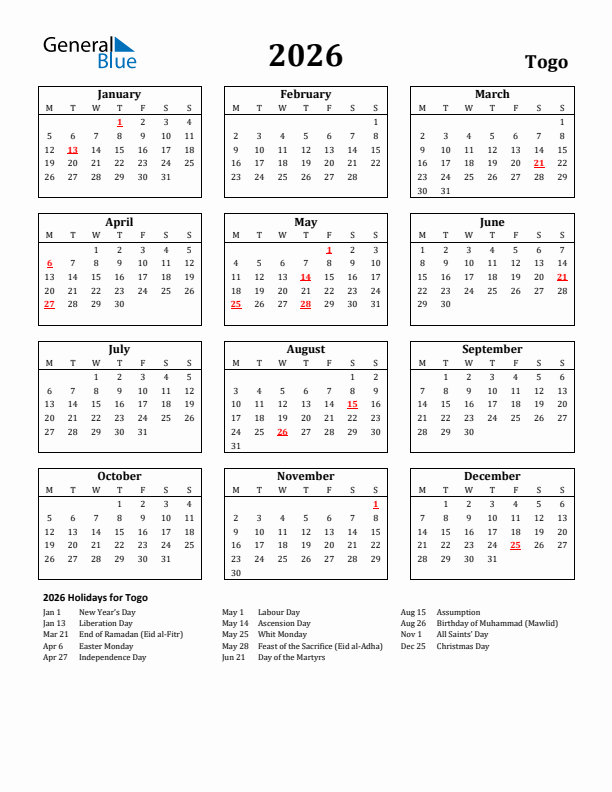 2026 Togo Holiday Calendar - Monday Start