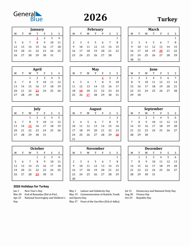 2026 Turkey Holiday Calendar - Monday Start