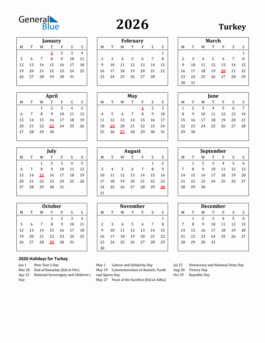 Free Printable 2026 Turkey Holiday Calendar