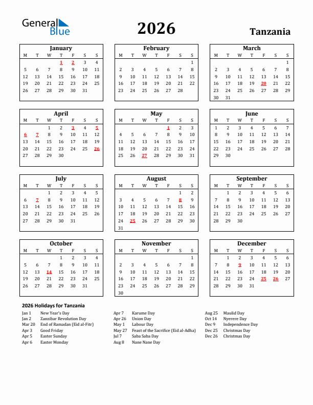 2026 Tanzania Holiday Calendar - Monday Start