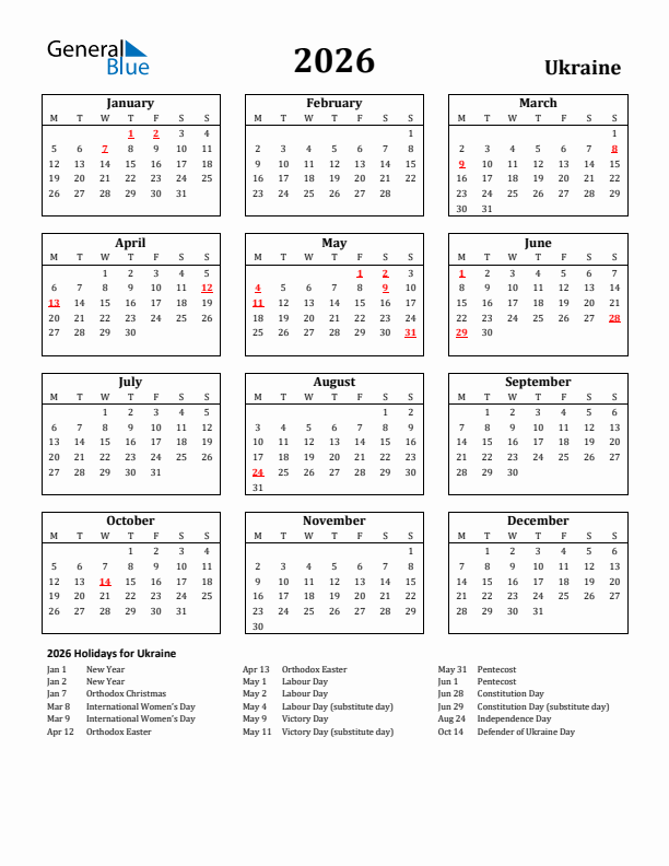 2026 Ukraine Holiday Calendar - Monday Start