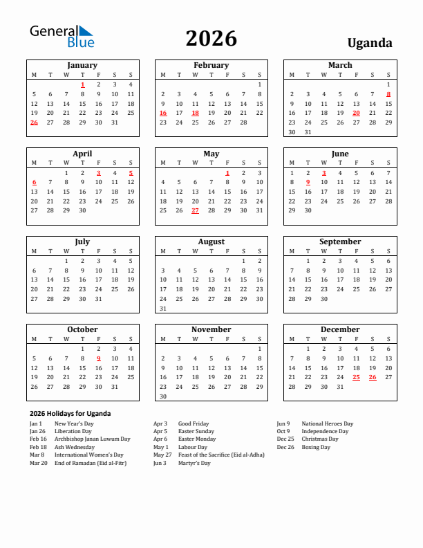 2026 Uganda Holiday Calendar - Monday Start