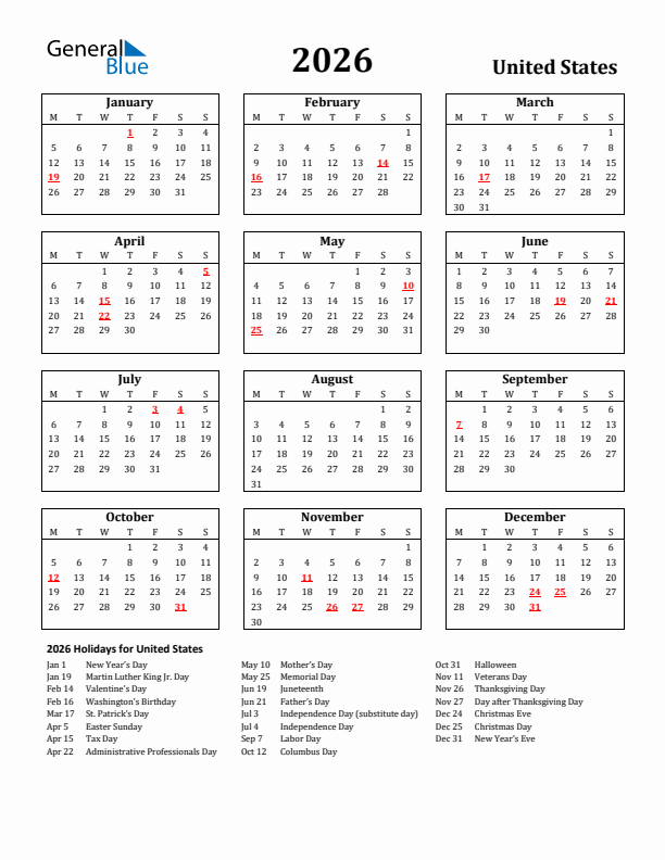 2026 United States Holiday Calendar - Monday Start