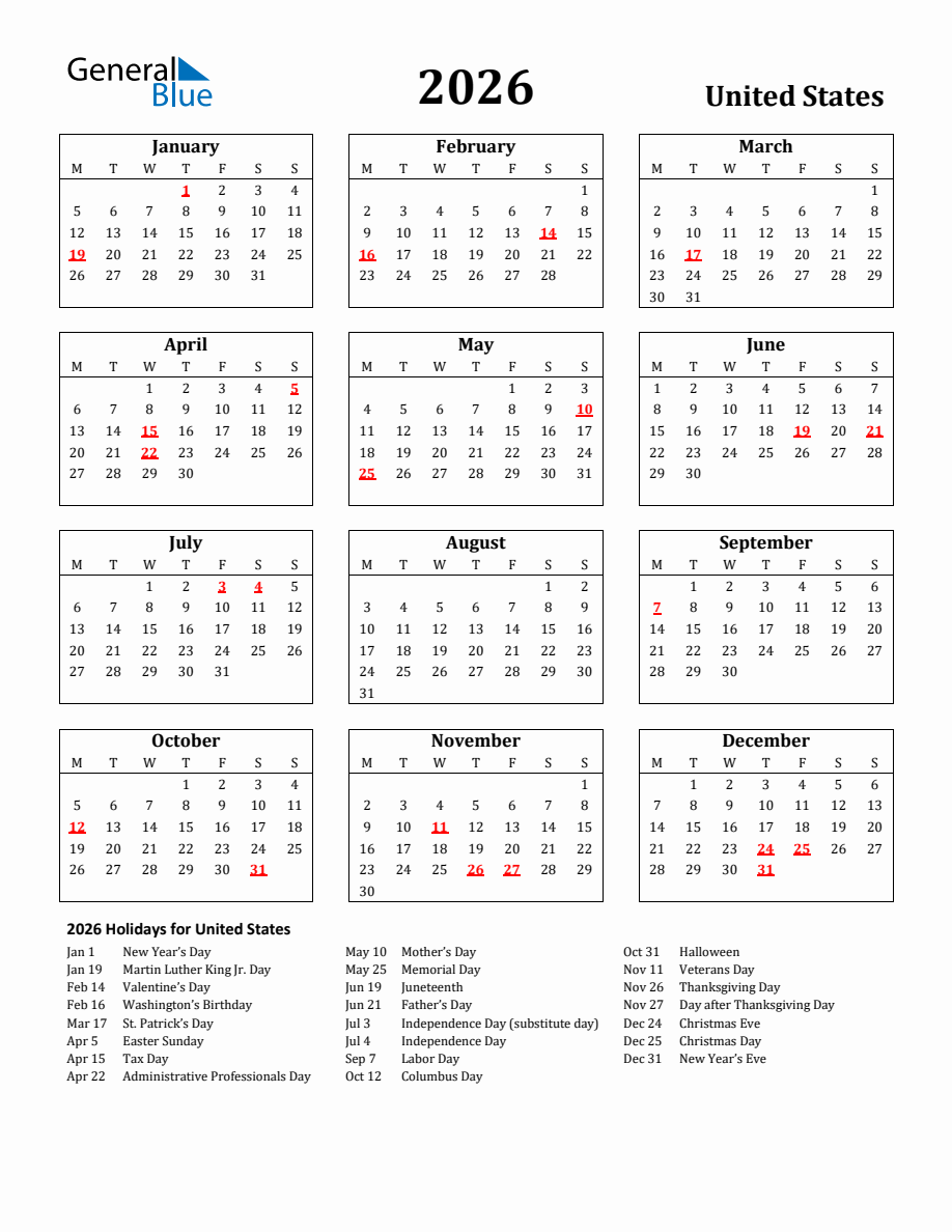 Free Printable 2026 United States Holiday Calendar