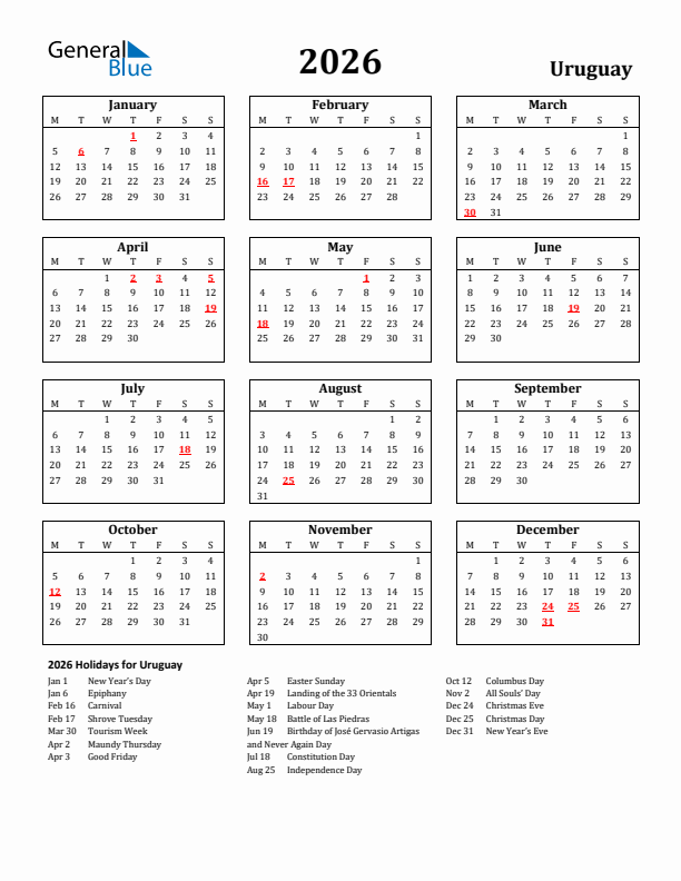 2026 Uruguay Holiday Calendar - Monday Start