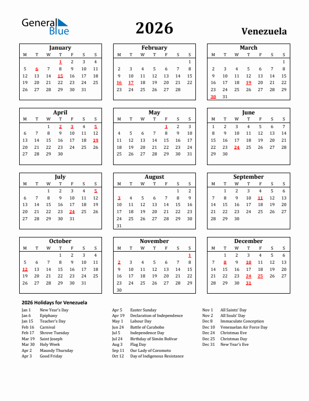2026 Venezuela Holiday Calendar - Monday Start