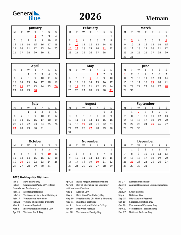 2026 Vietnam Holiday Calendar - Monday Start