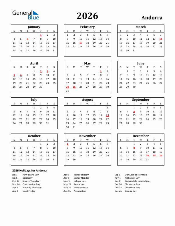 2026 Andorra Holiday Calendar - Sunday Start
