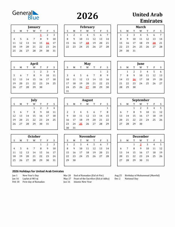 2026 United Arab Emirates Holiday Calendar - Sunday Start
