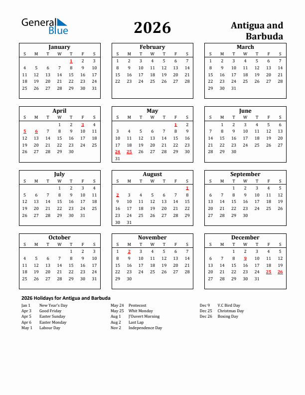 2026 Antigua and Barbuda Holiday Calendar - Sunday Start