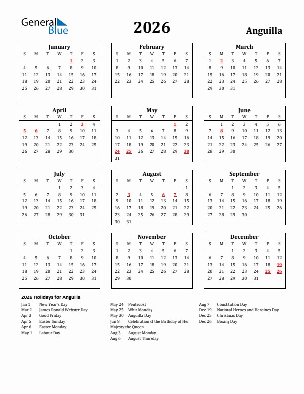 2026 Anguilla Holiday Calendar - Sunday Start