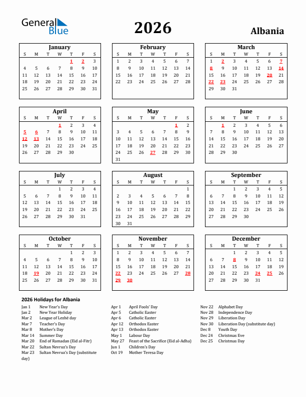 2026 Albania Holiday Calendar - Sunday Start