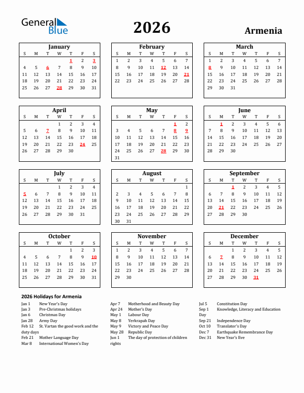 2026 Armenia Holiday Calendar - Sunday Start