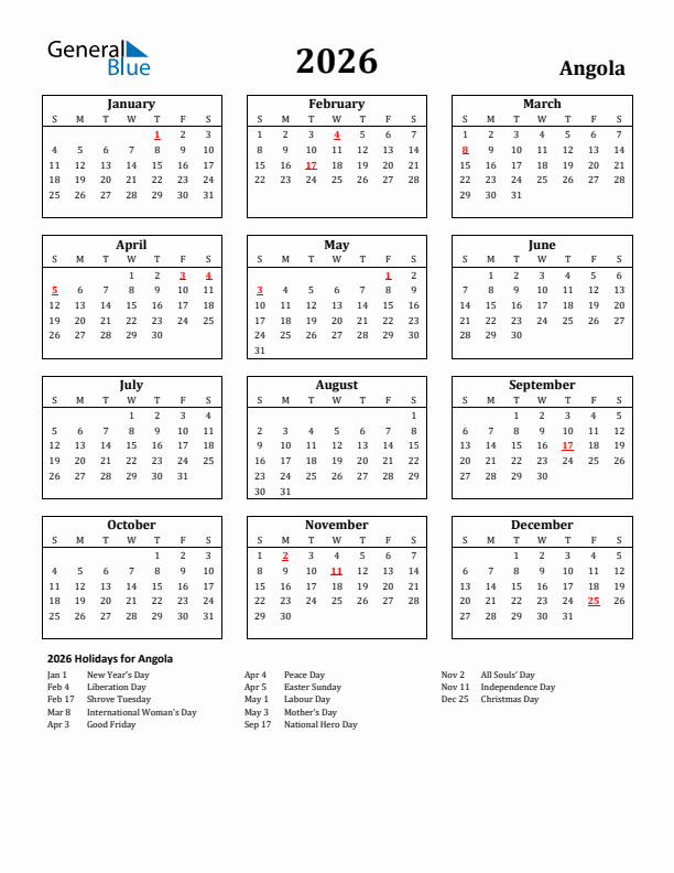 2026 Angola Holiday Calendar - Sunday Start