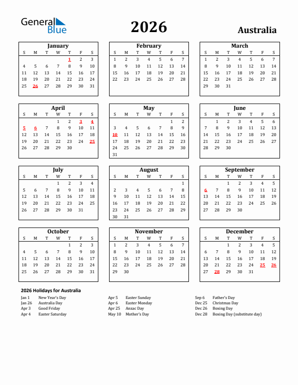 2026 Australia Holiday Calendar - Sunday Start