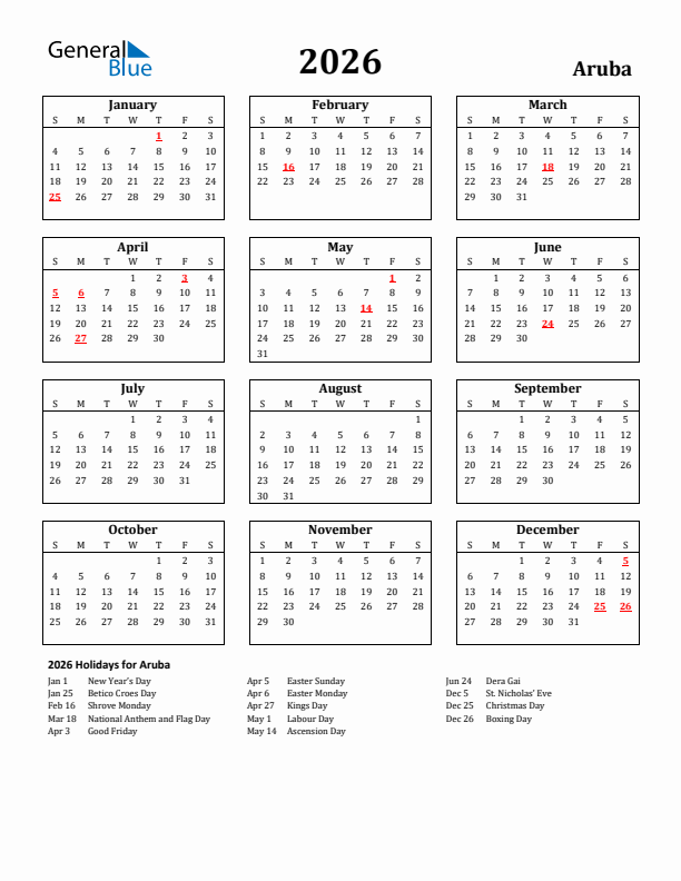 2026 Aruba Holiday Calendar - Sunday Start