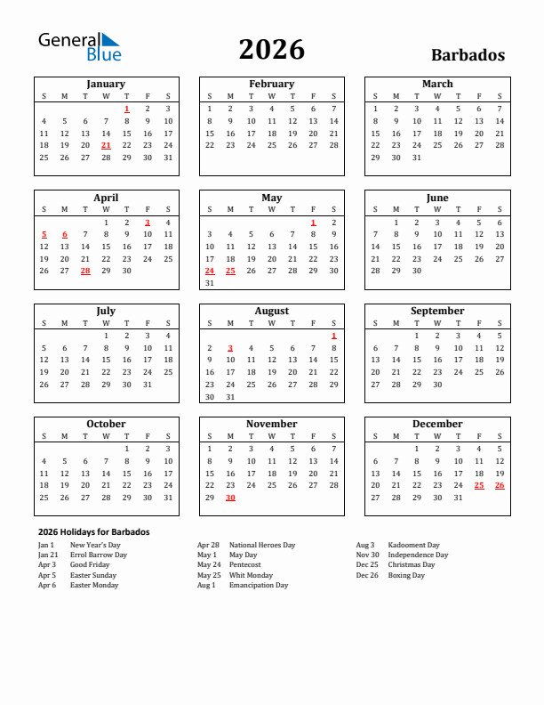 2026 Barbados Holiday Calendar - Sunday Start