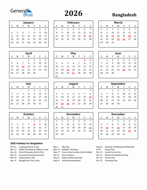 2026 Bangladesh Holiday Calendar - Sunday Start