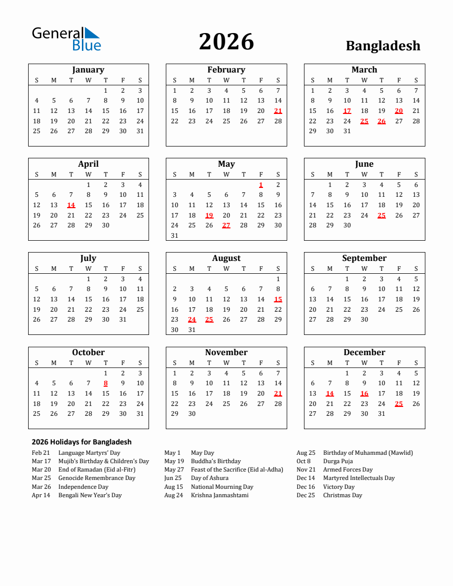 Free Printable 2026 Bangladesh Holiday Calendar