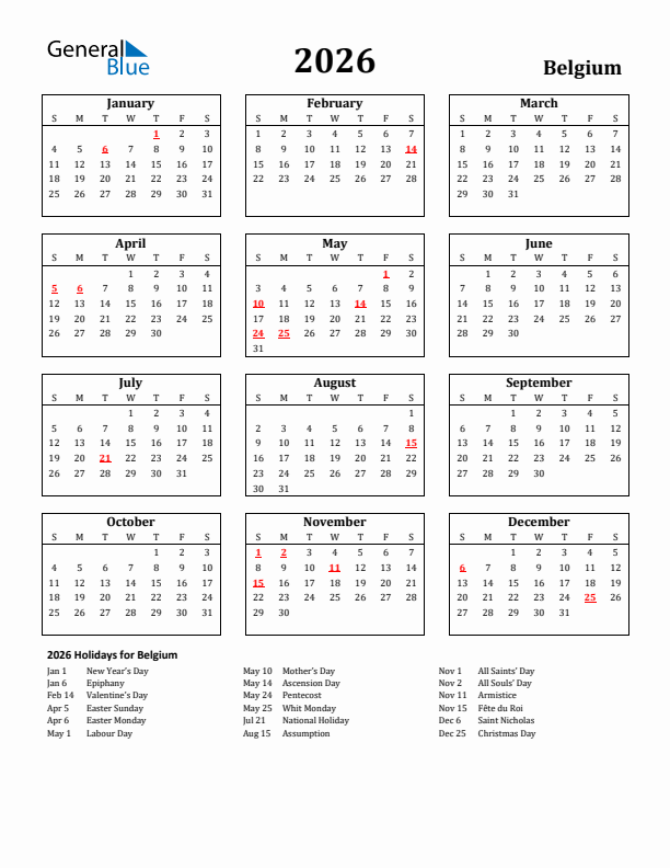 2026 Belgium Holiday Calendar - Sunday Start
